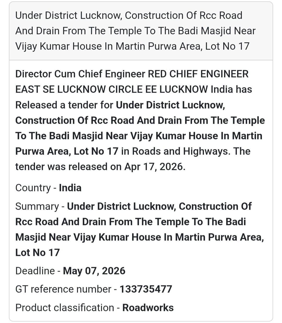 🛣️ RCC Road & Drain Work – Lucknow (Lot 17)