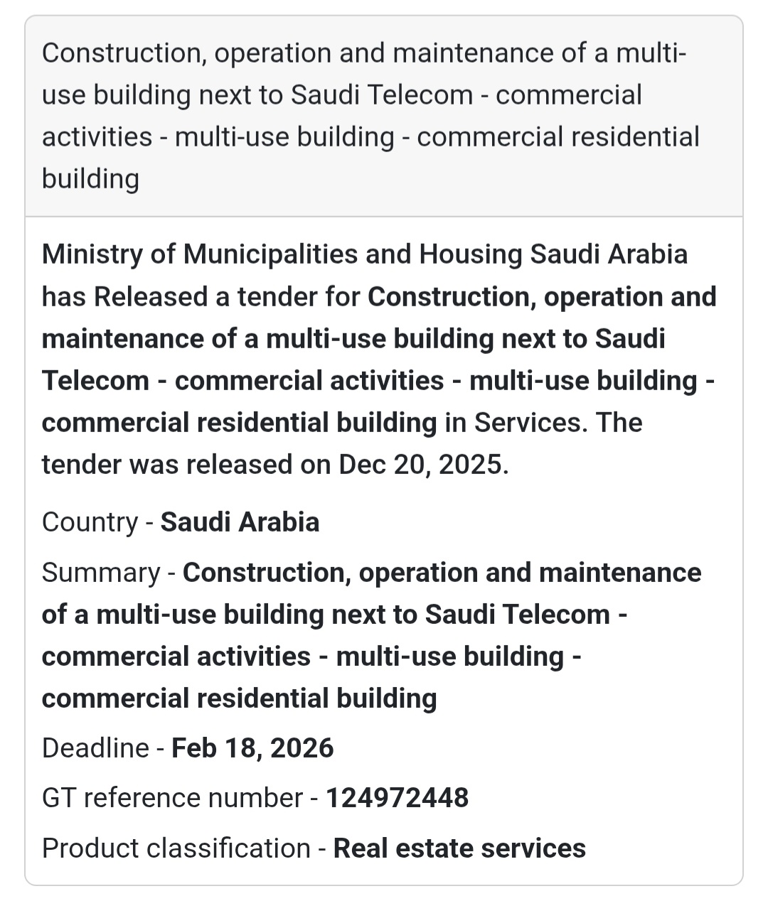 🔔 Real Estate Development Tender | Saudi Arabia 🇸🇦