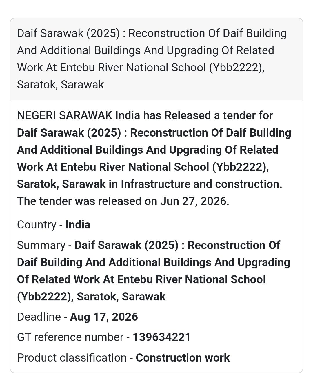 🏫 Reconstruction of Daif Building & Additional Buildings – Entebu River National School, Saratok, Sarawak