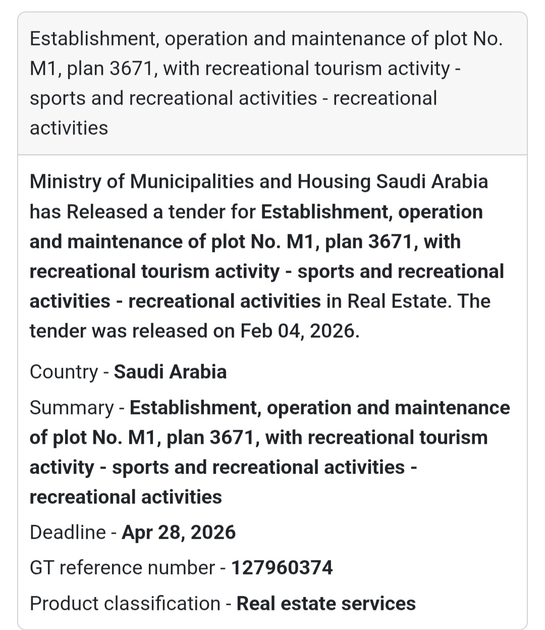 🏞️ Recreational Tourism Project – Plot M1 (Plan 3671)