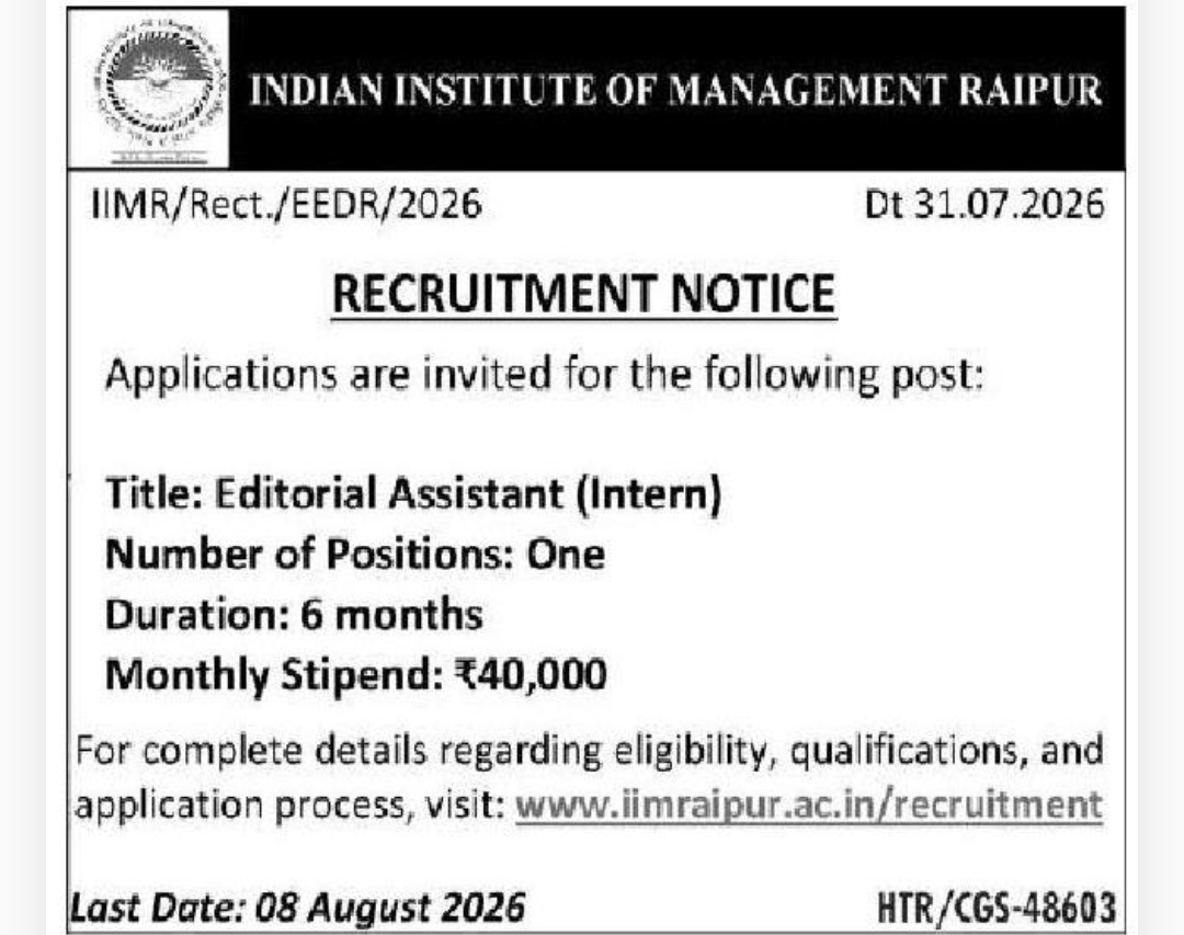 🎓 Recruitment for Editorial Assistant (Intern) – IIM Raipur | Raipur, Chhattisgarh