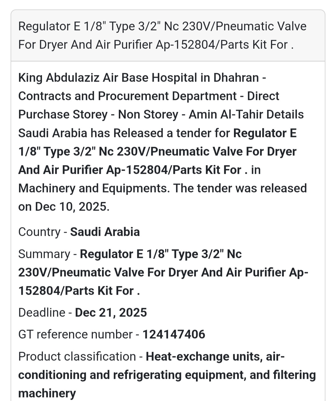 🔧 Regulator E 1/8” Type 3/2” NC 230V / Pneumatic Valve Kit