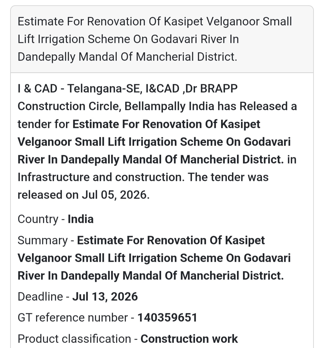 🌊 Renovation of Kasipet Velganoor Small Lift Irrigation Scheme – Mancherial District 🚜