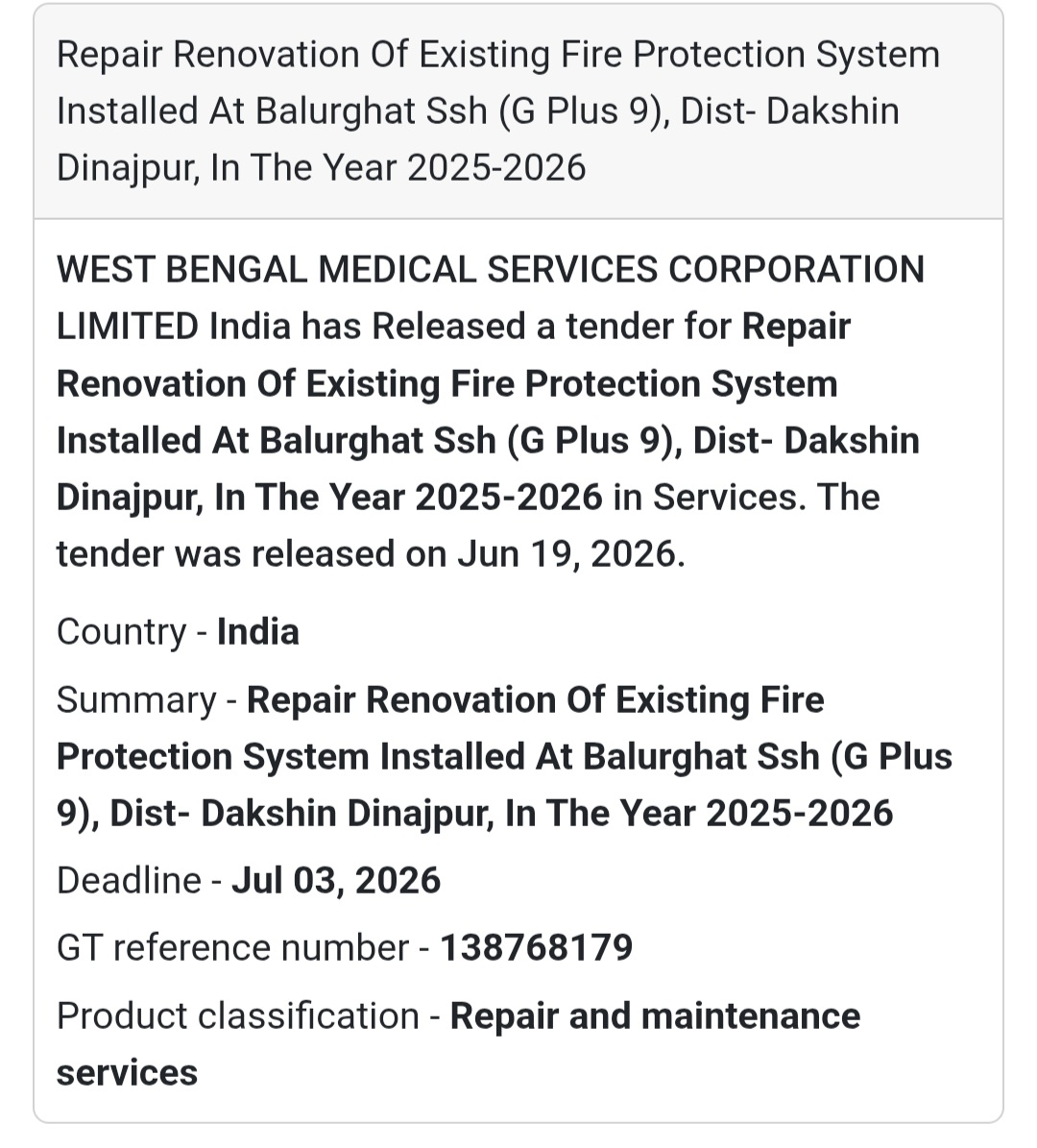 🔥 Repair & Renovation of Existing Fire Protection System at Balurghat SSH