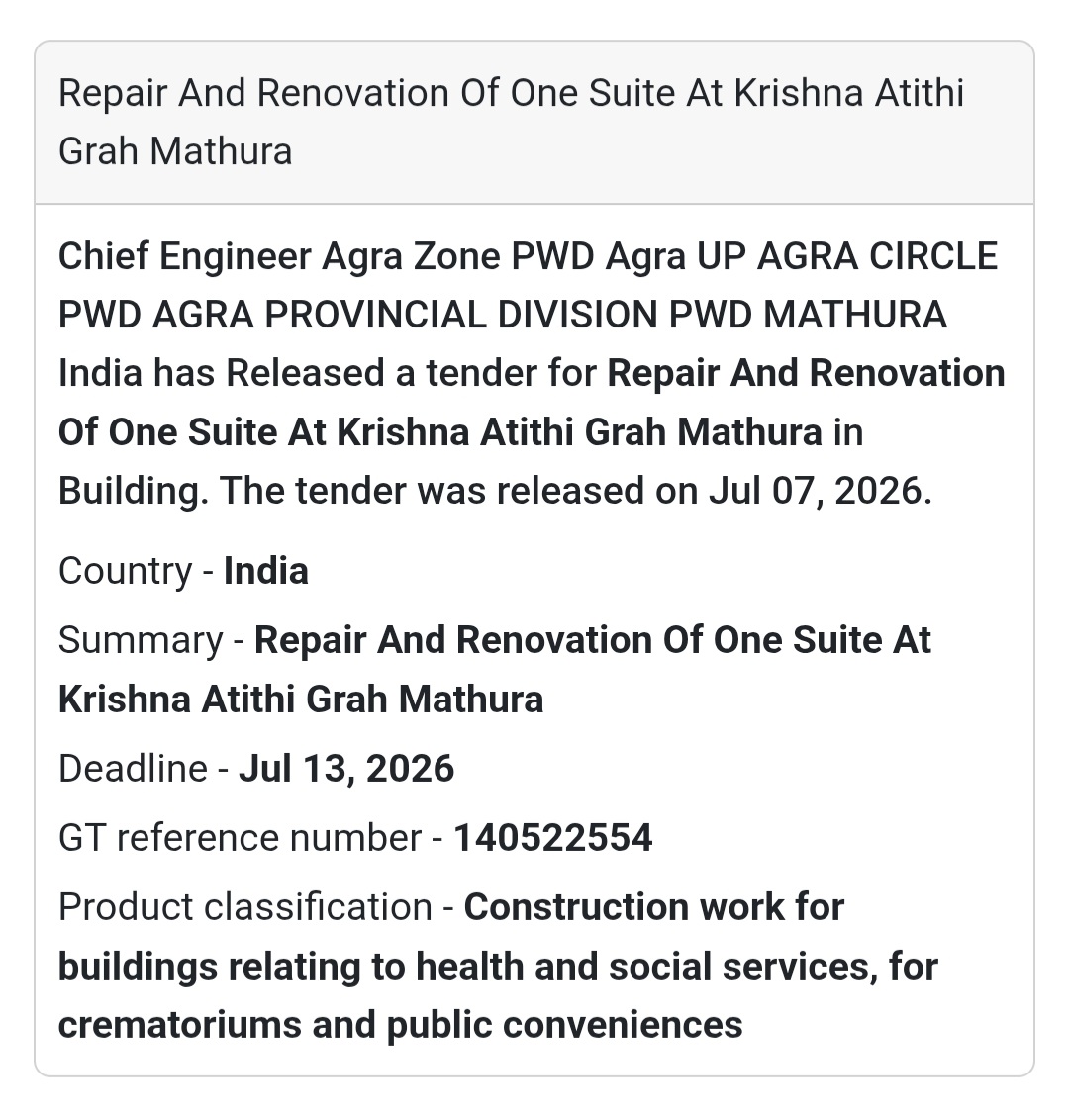 Repair & Renovation of One Suite at Krishna Atithi Grah (Mathura, Uttar Pradesh)