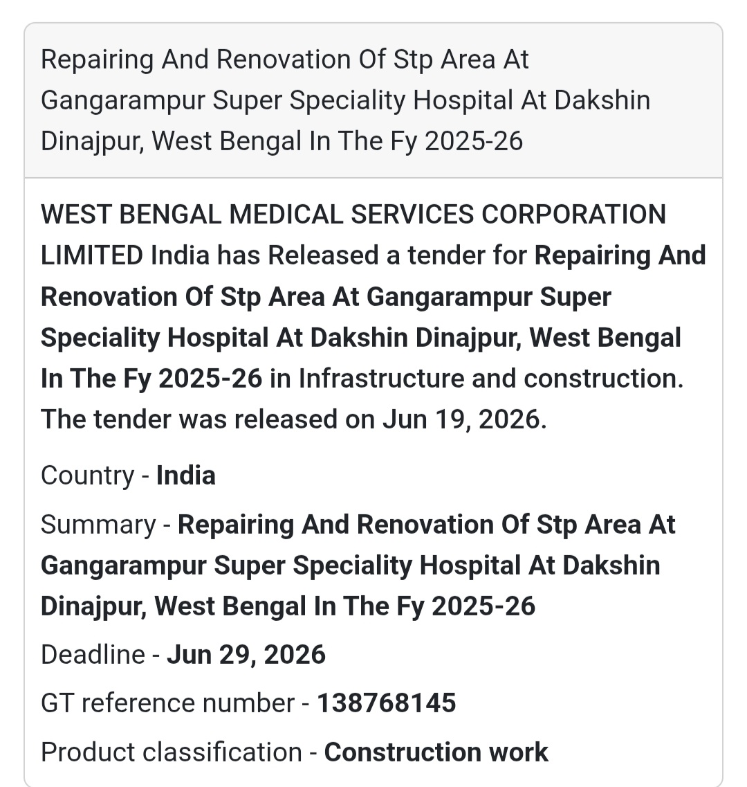 🏥 Repairing & Renovation of STP Area at Gangarampur Super Speciality Hospital