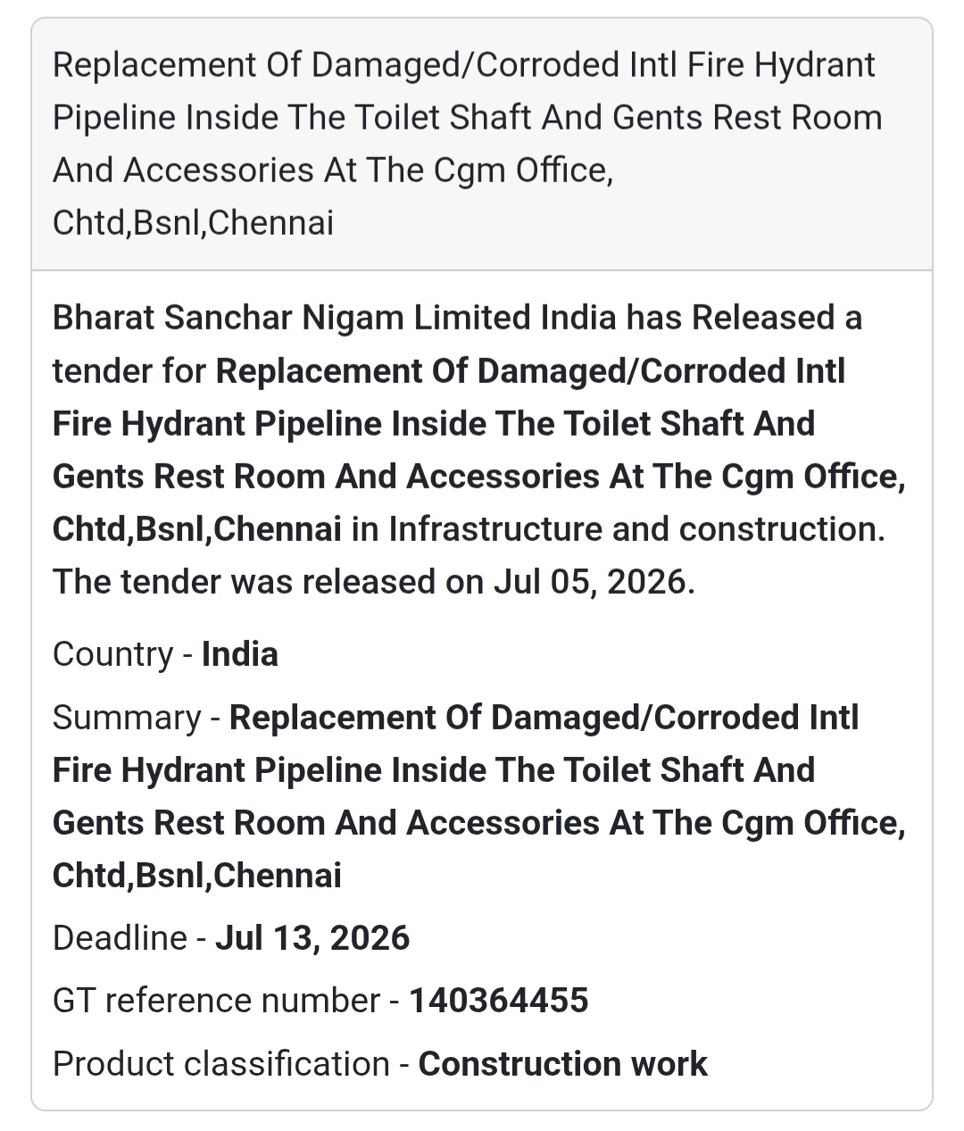 🚒 Replacement of Fire Hydrant Pipeline – BSNL CGM Office, Chennai 🔧