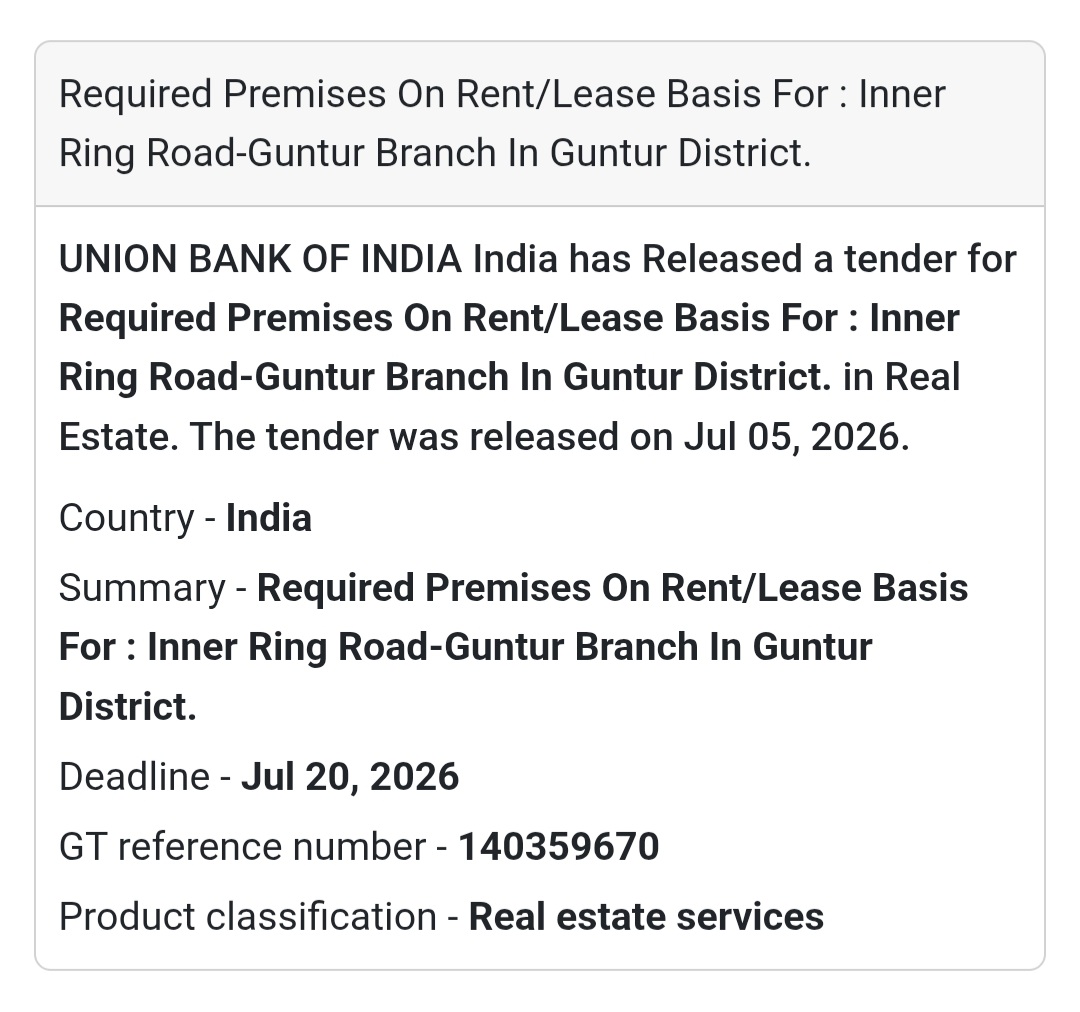 🏢 Required Premises on Rent/Lease – Union Bank of India, Guntur 🏦