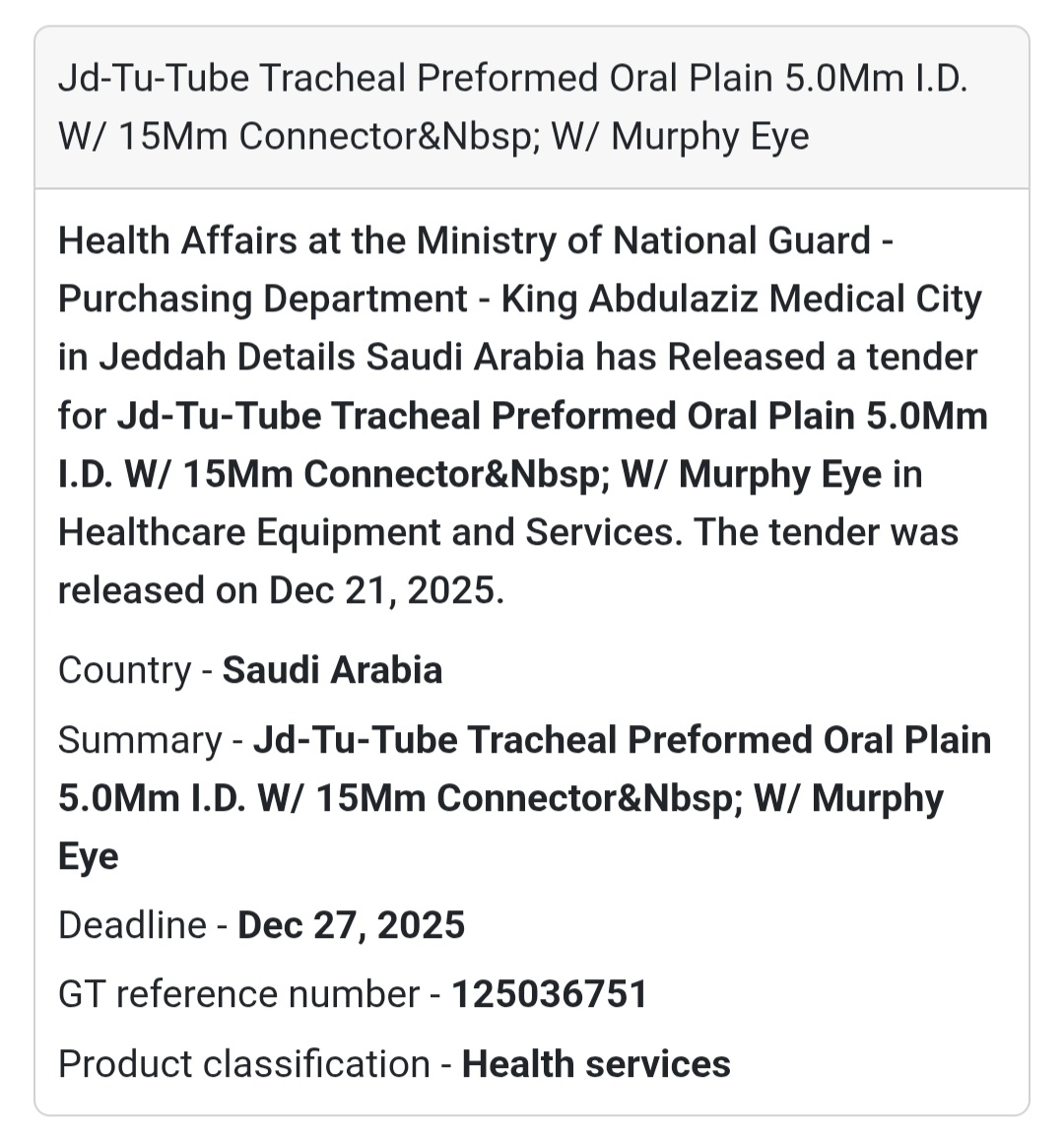 🫁 Respiratory Care Tender – Saudi Arabia