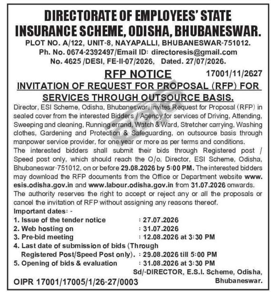 🏥 RFP Notice – Employees' State Insurance Scheme (ESIS) 📍Bhubaneswar, Odisha