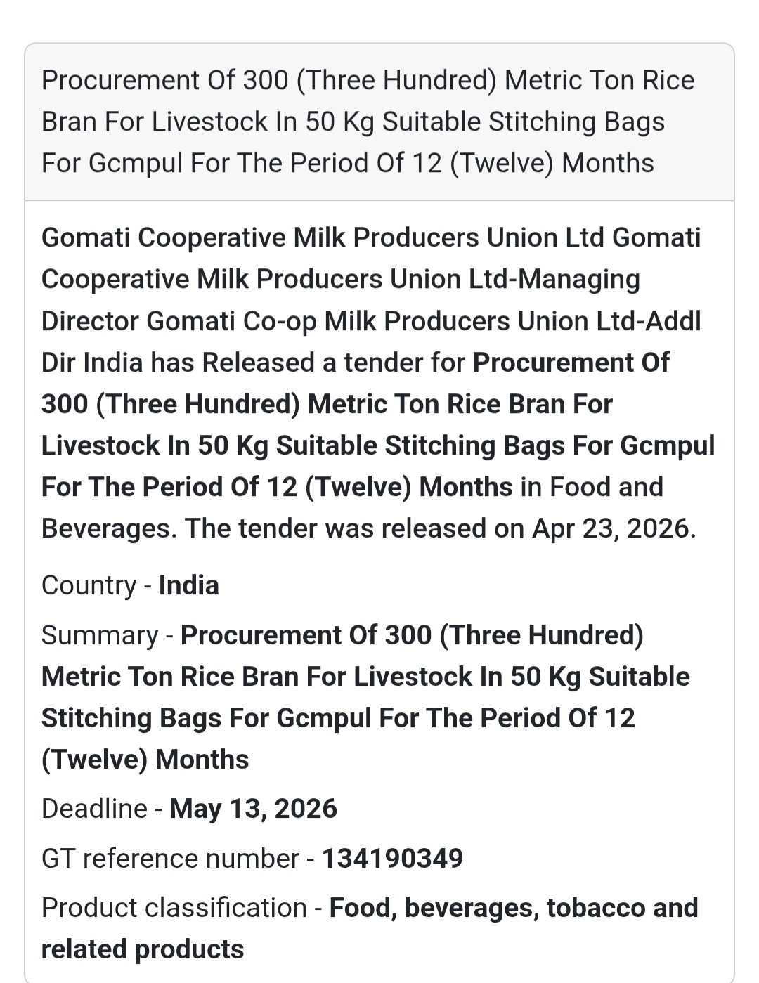 🌾 Rice Bran Procurement (300 MT)