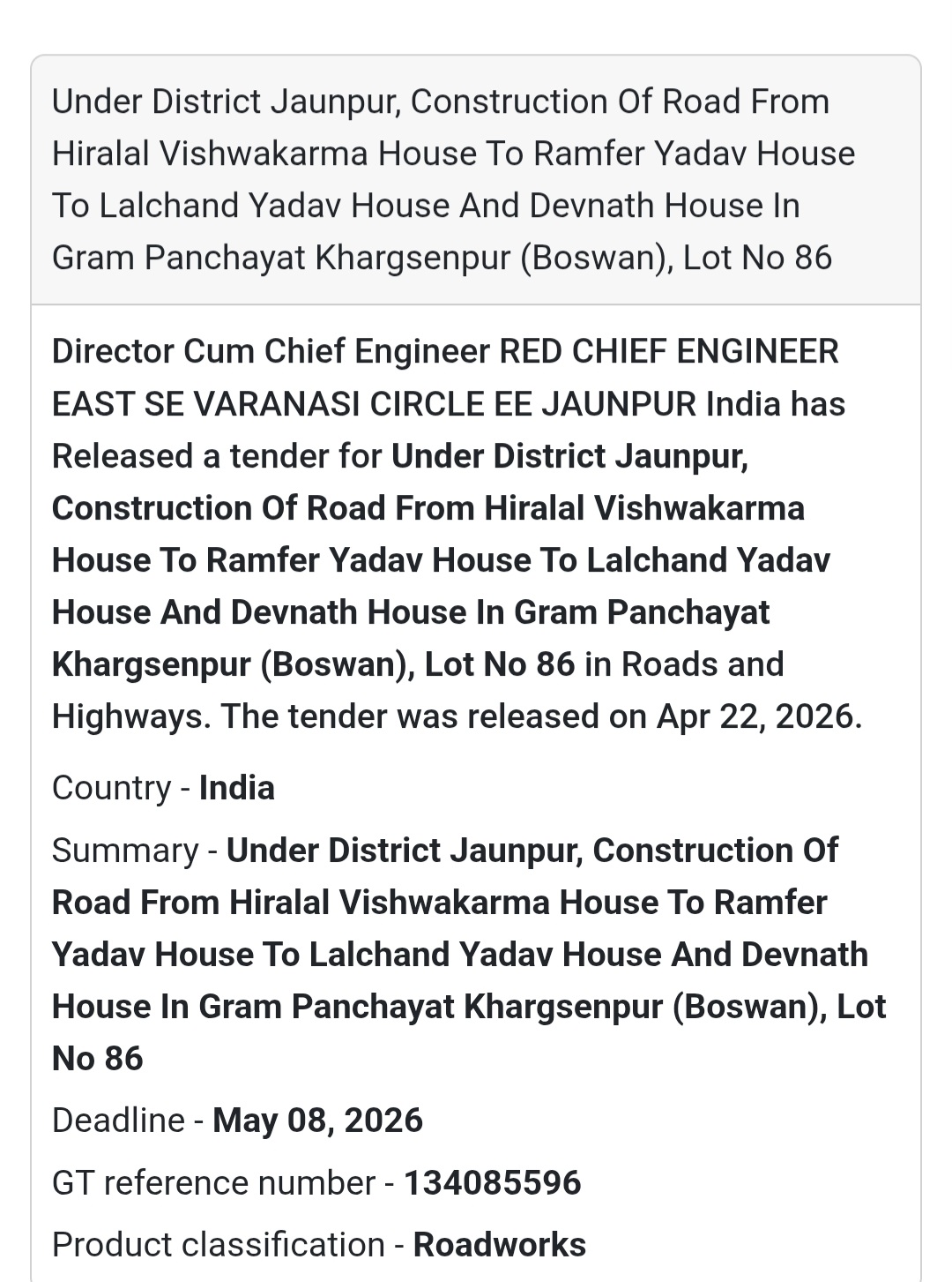 🛣️ Road Construction – Khargsenpur (Lot 86)