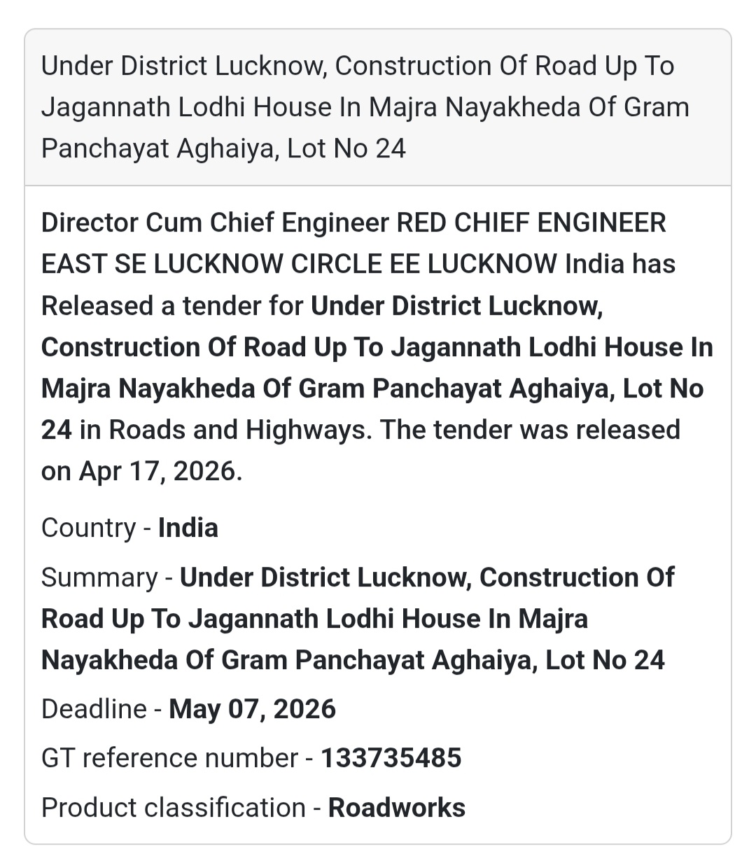 🛣️ Road Construction – Lucknow (Lot 24)
