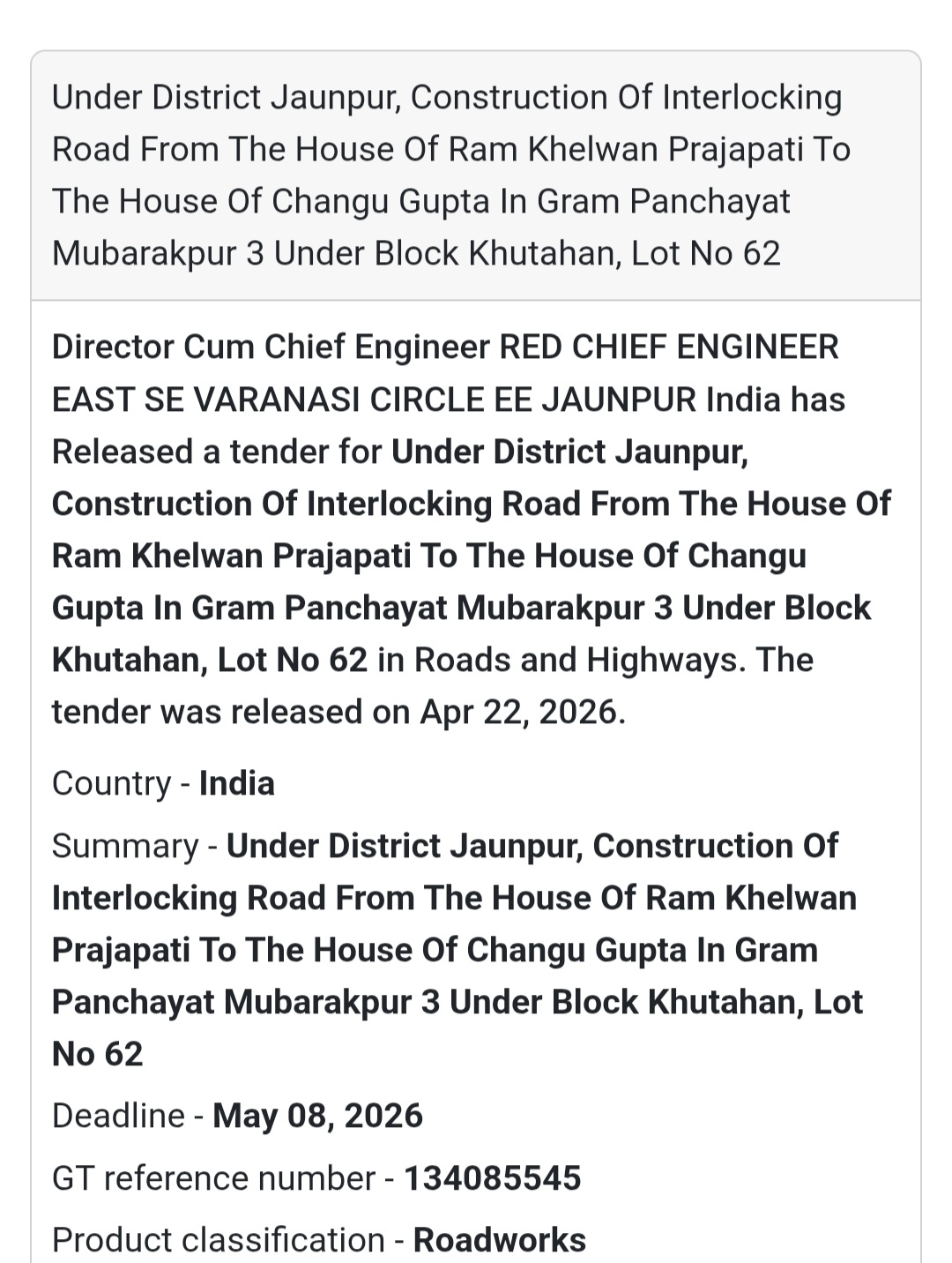 🛣️ Road Construction – Mubarakpur (Lot 62)