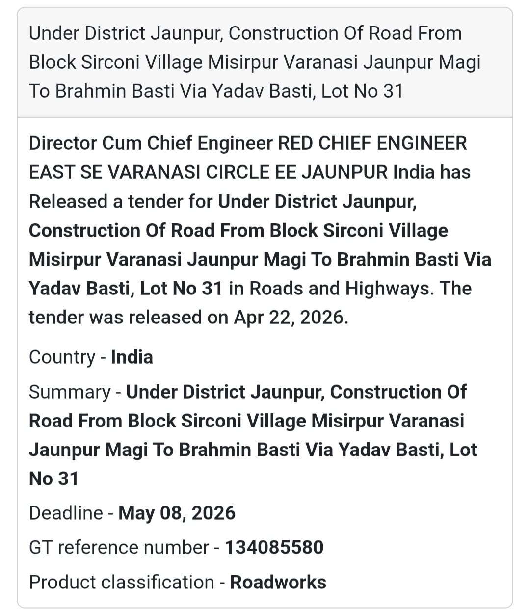 🛣️ Road Construction – Sirconi to Brahmin Basti (Lot 31)