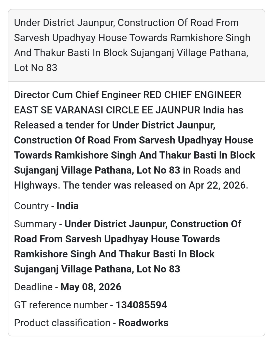 🛣️ Road Construction – Sujanganj Pathana (Lot 83)