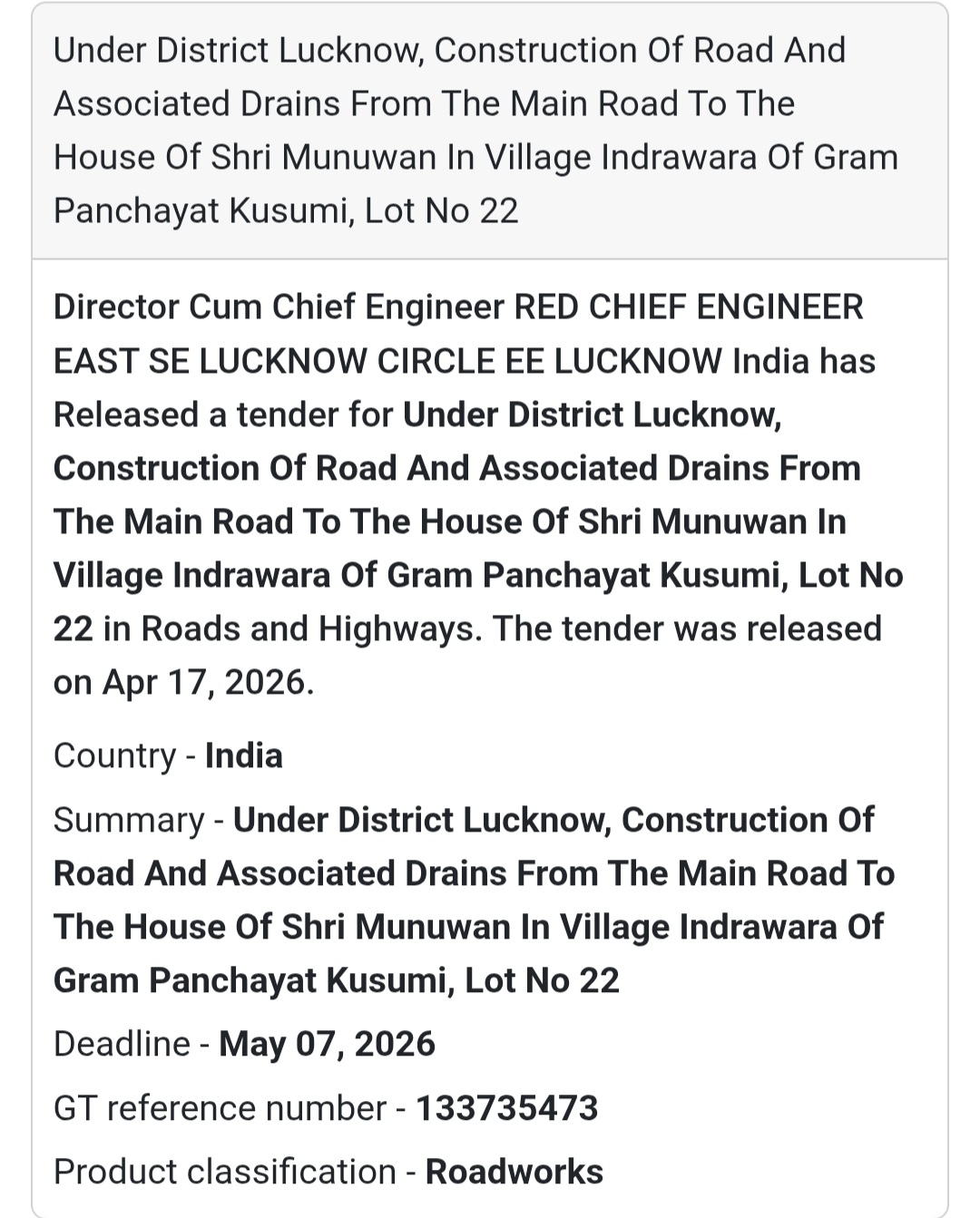 🛣️ Road & Drain Work – Lucknow (Lot 22)