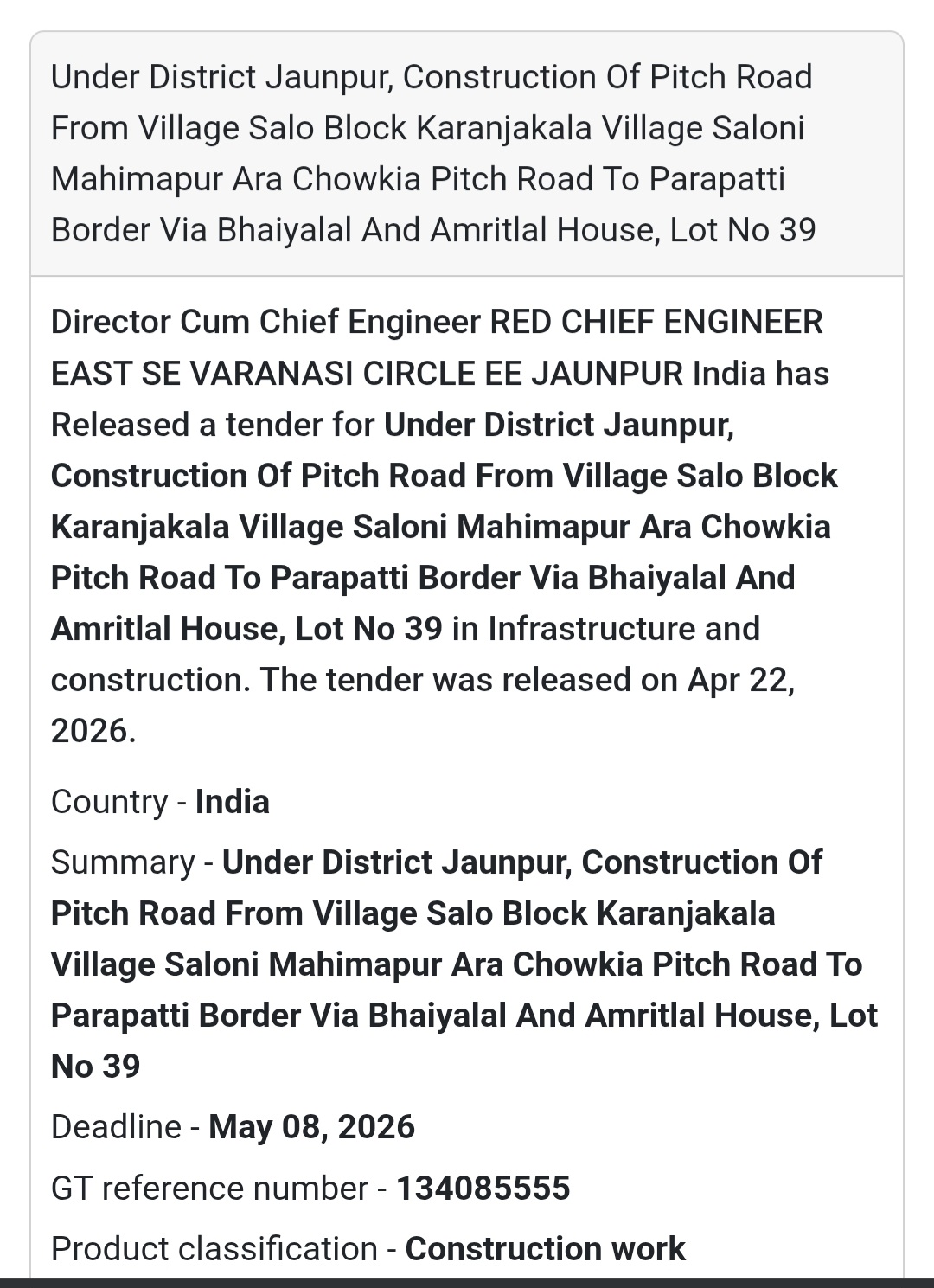 🛣️ Road Project – Karanjakala Saloni (Lot 39)