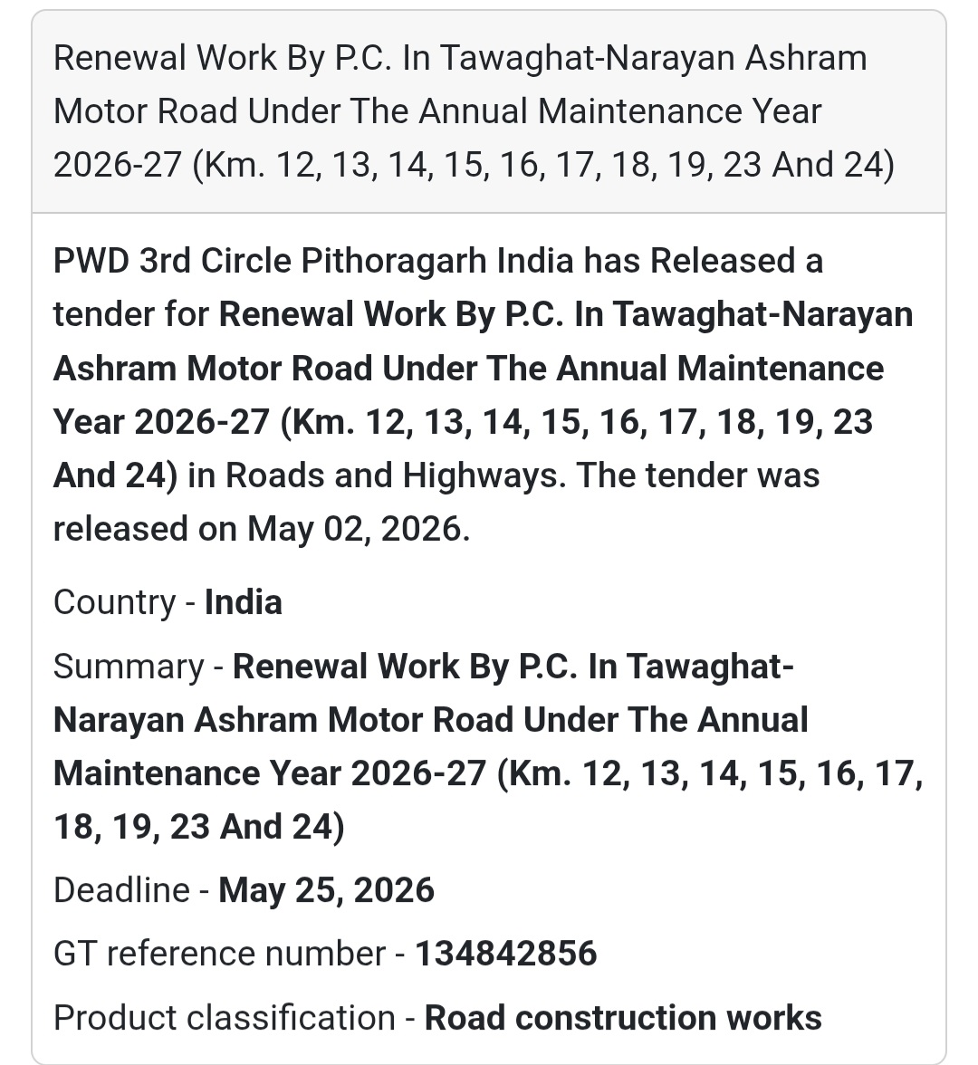 🛣️ Road Renewal Work (Tawaghat–Narayan Ashram Road)