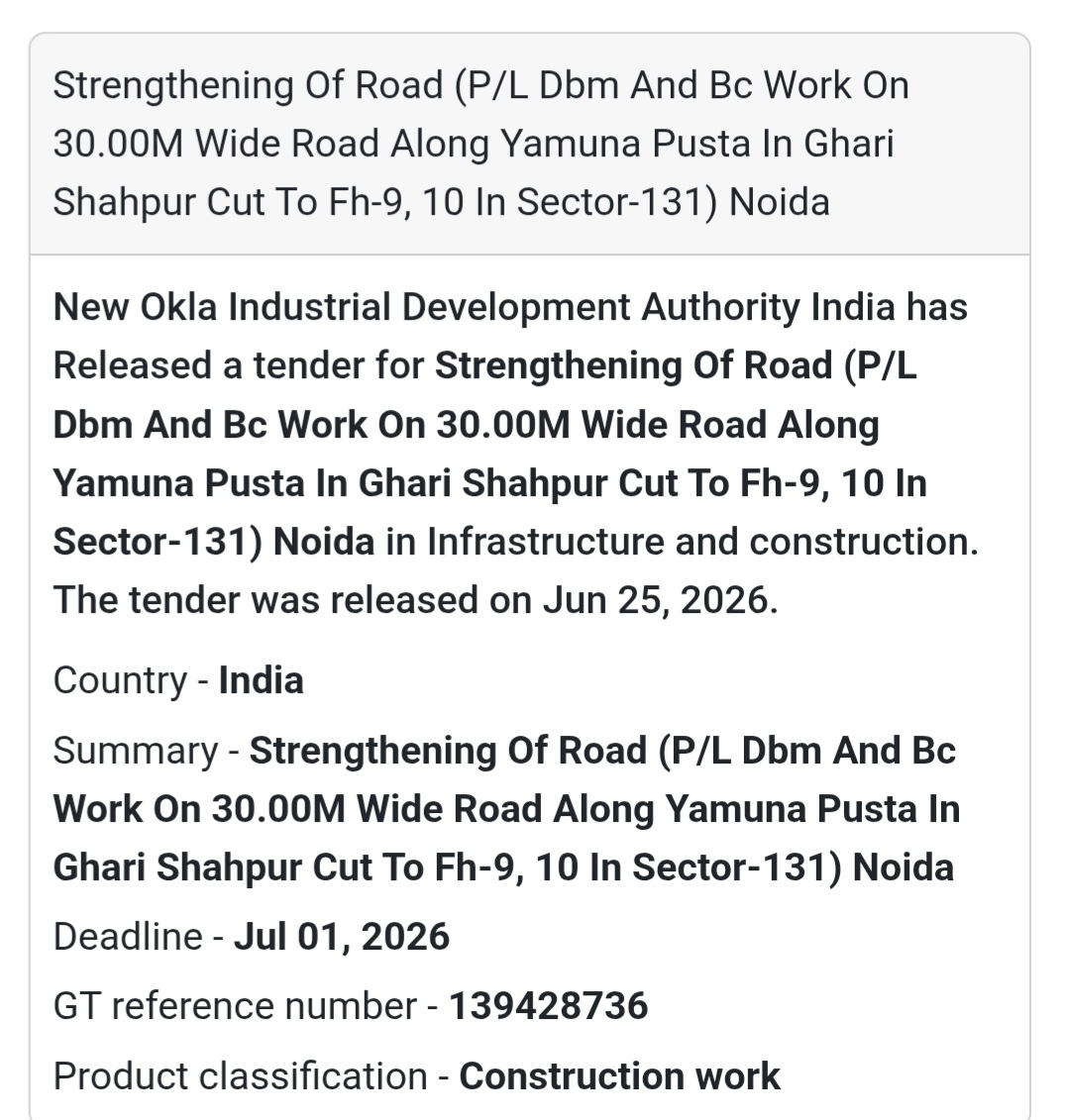 🛣️ Road Strengthening Along Yamuna Pusta (Sector 131) | Noida, Uttar Pradesh🚜 Tender Alert