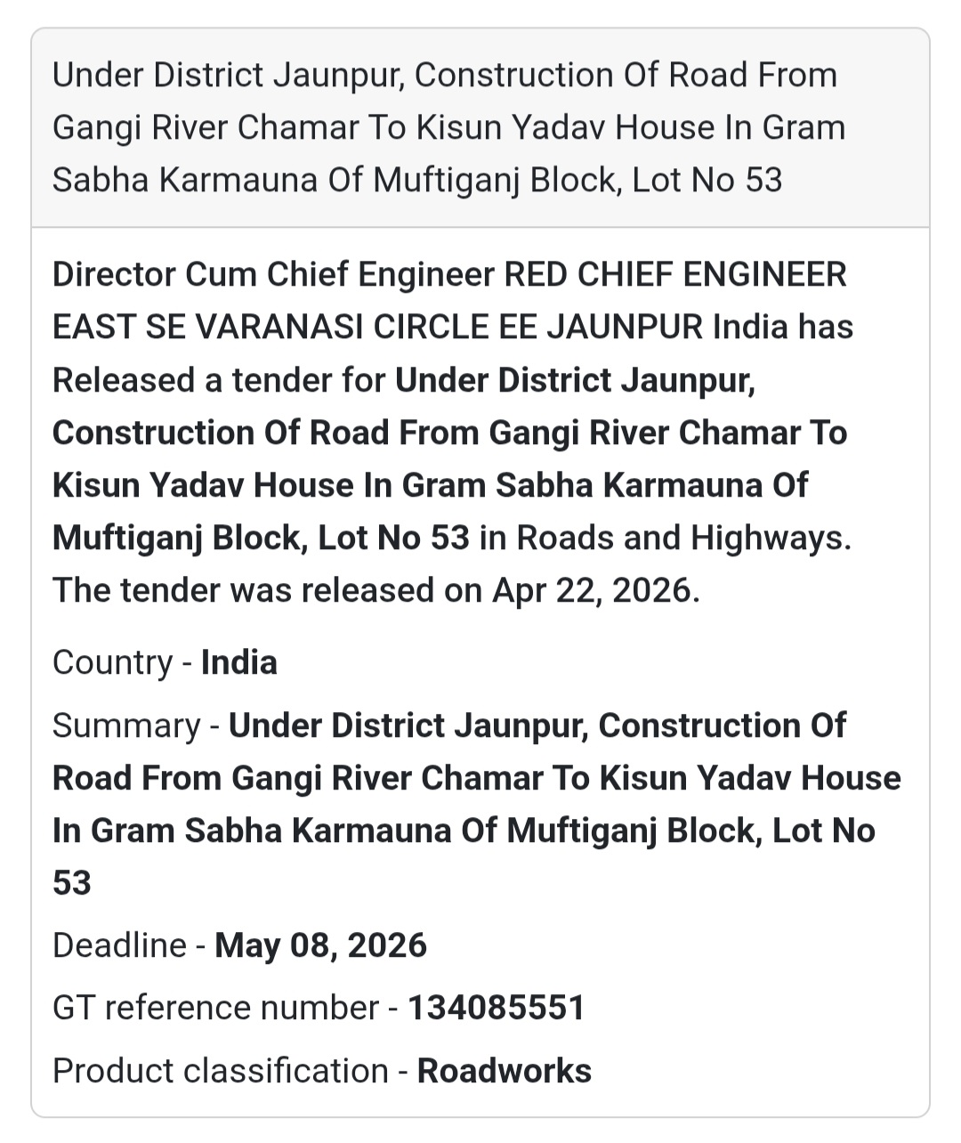 🛣️ Road Work – Karmauna Muftiganj (Lot 53)