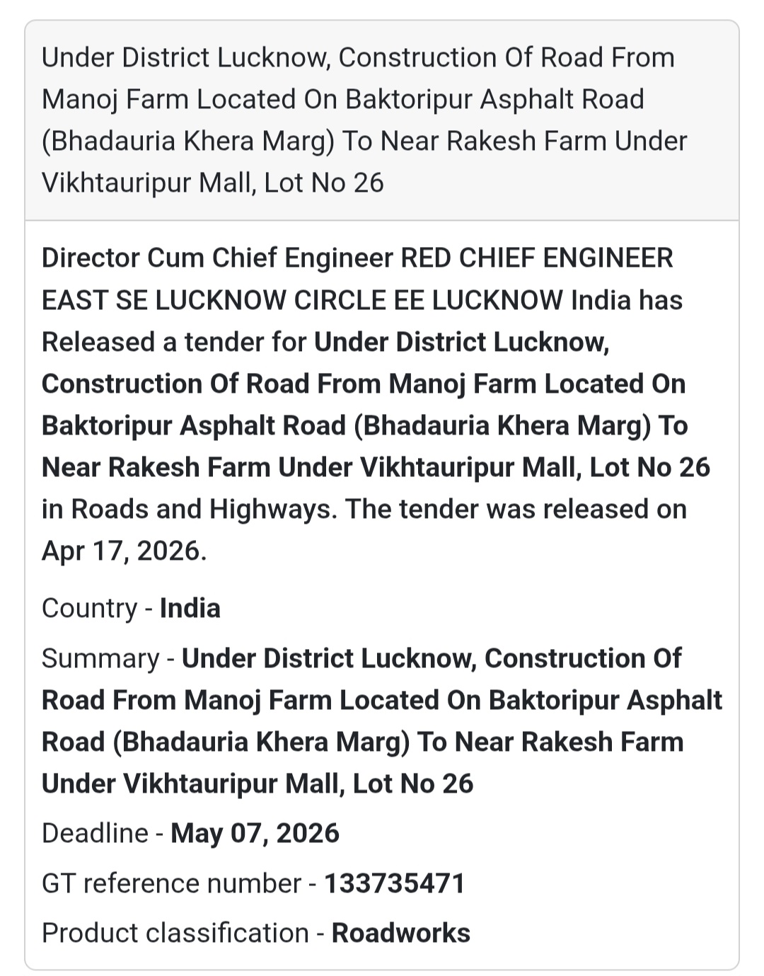 🛣️ Road Work – Lucknow (Lot 26)