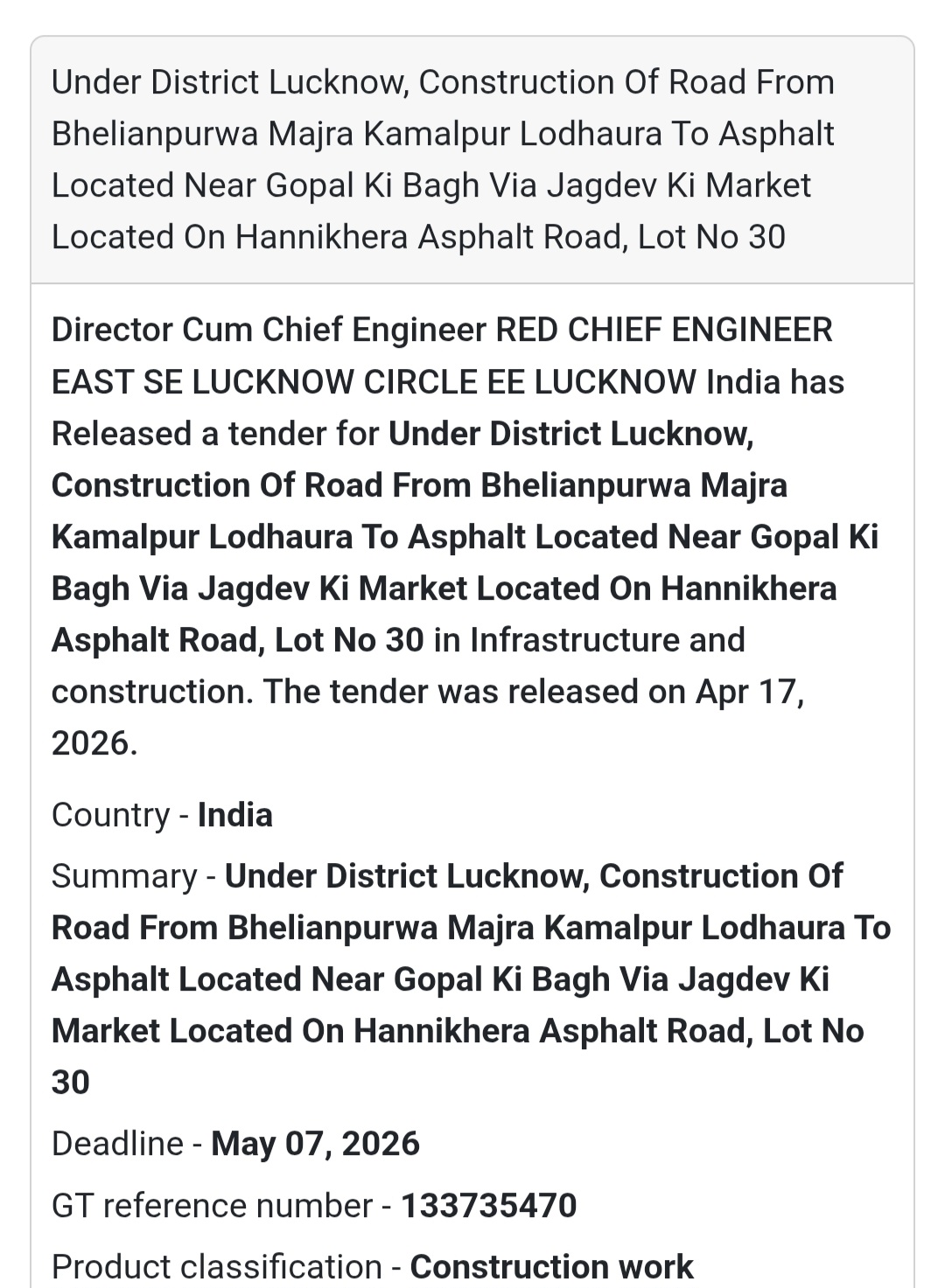 🛣️ Road Work – Lucknow (Lot 30)