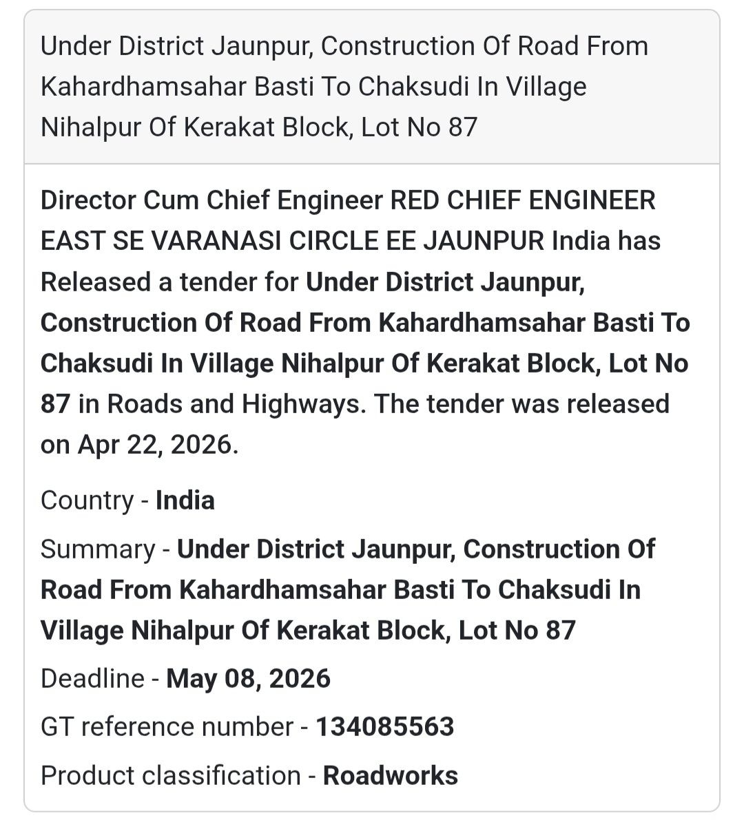 🛣️ Road Work – Nihalpur Kerakat (Lot 87)