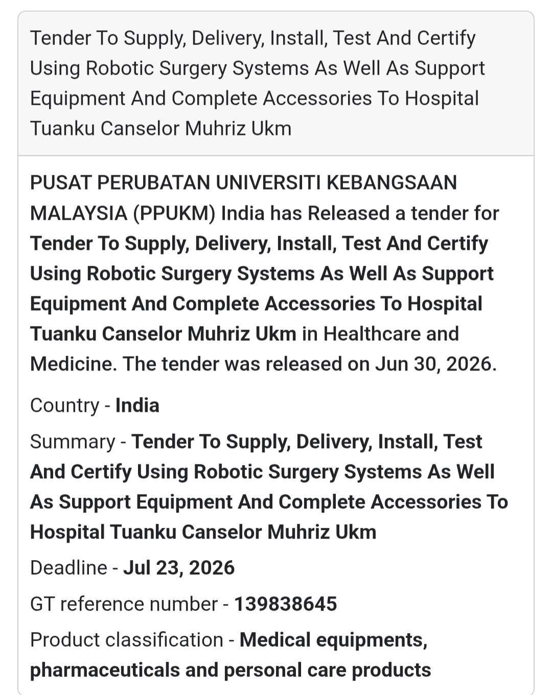 🤖 Robotic Surgery System Supply Tender – Hospital Tuanku Canselor Muhriz, Kuala Lumpur, Malaysia