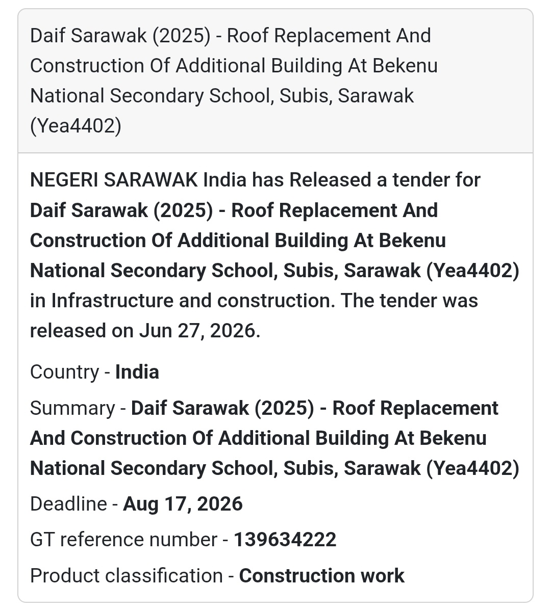 🏫 Roof Replacement & Construction of Additional Building – Bekenu National Secondary School, Subis, Sarawak
