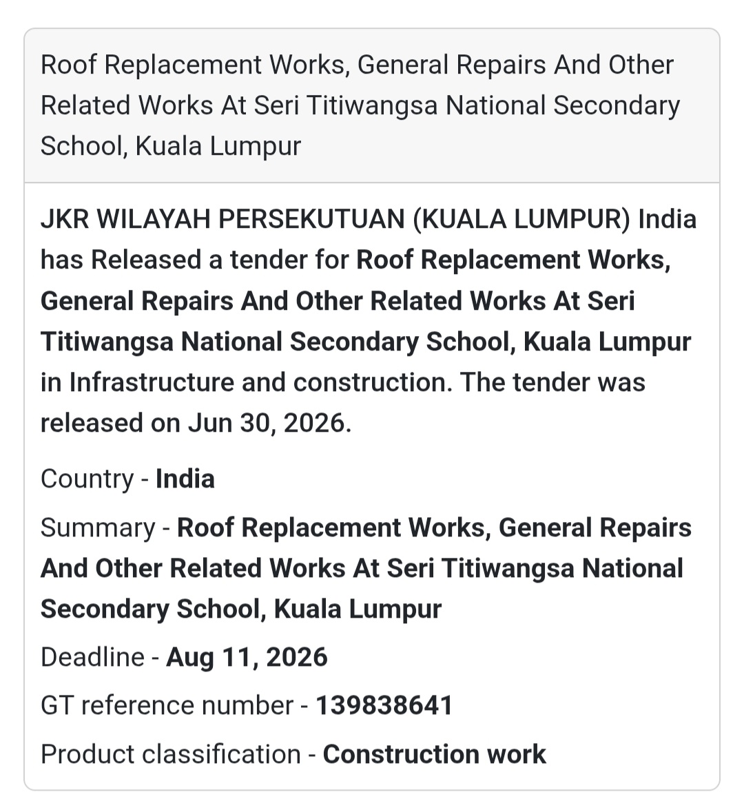 📢 Roof Replacement Works | JKR Wilayah Persekutuan (Kuala Lumpur)