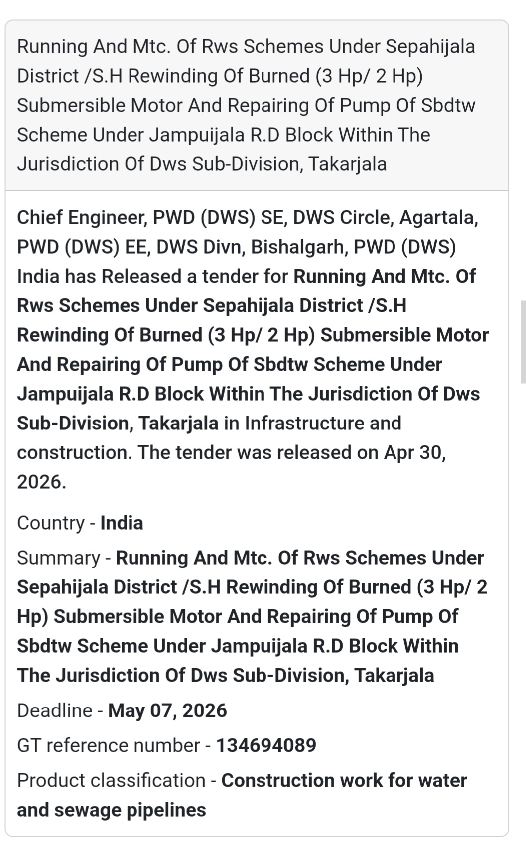 🚰 RWS Scheme Maintenance & Pump Repair Tender