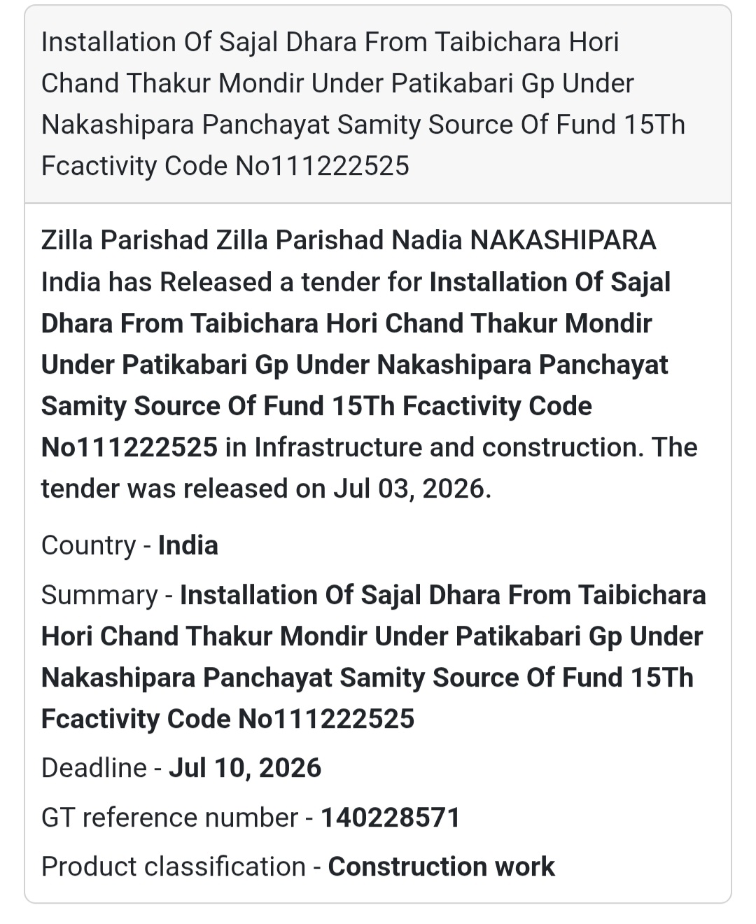 🚰 Sajal Dhara Installation Tender – Nadia, West Bengal