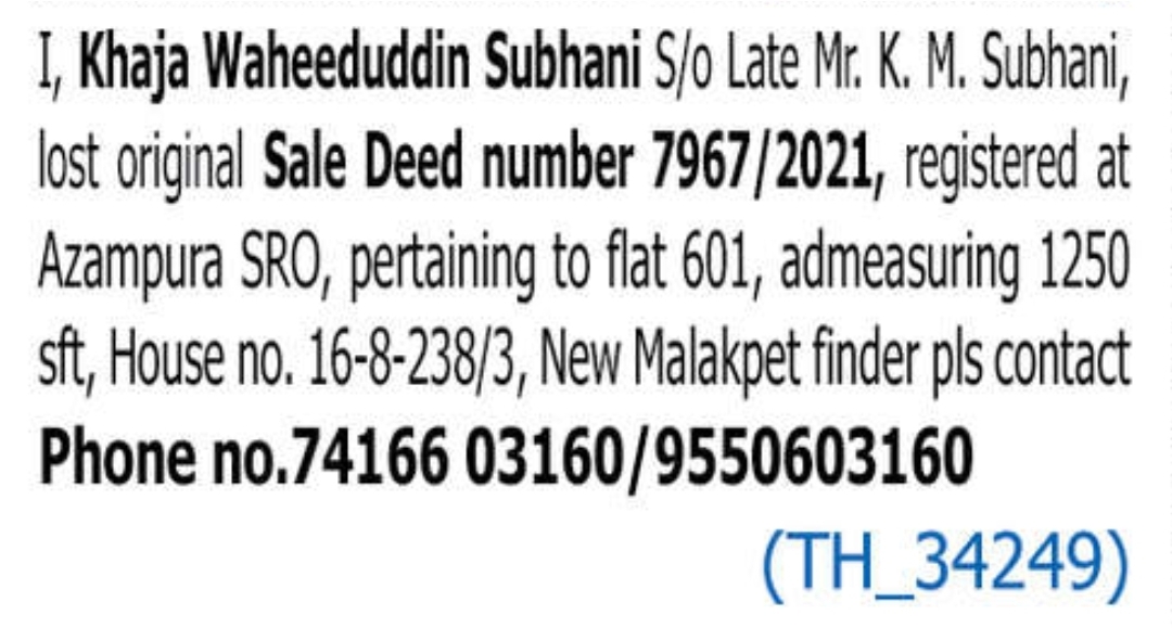 📄 Sale Deed Lost – New Malakpet, Hyderabad