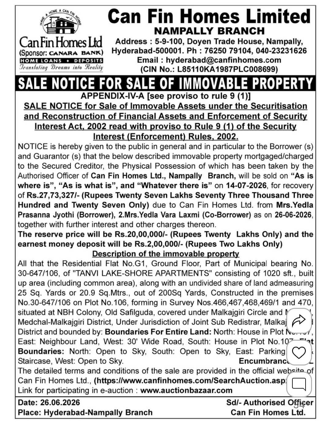 📢 Sale Notice – Can Fin Homes Ltd. (Nampally Branch)