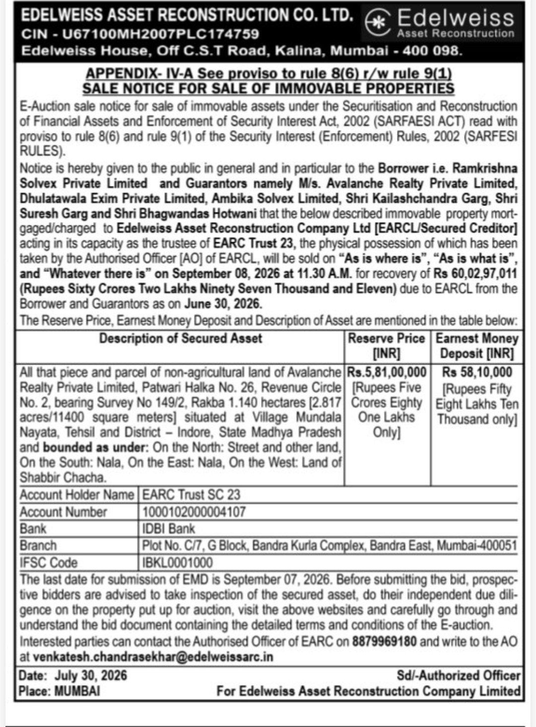 🏢 Sale Notice for Immovable Property – Edelweiss Asset Reconstruction Co. Ltd. | Indore, Madhya Pradesh