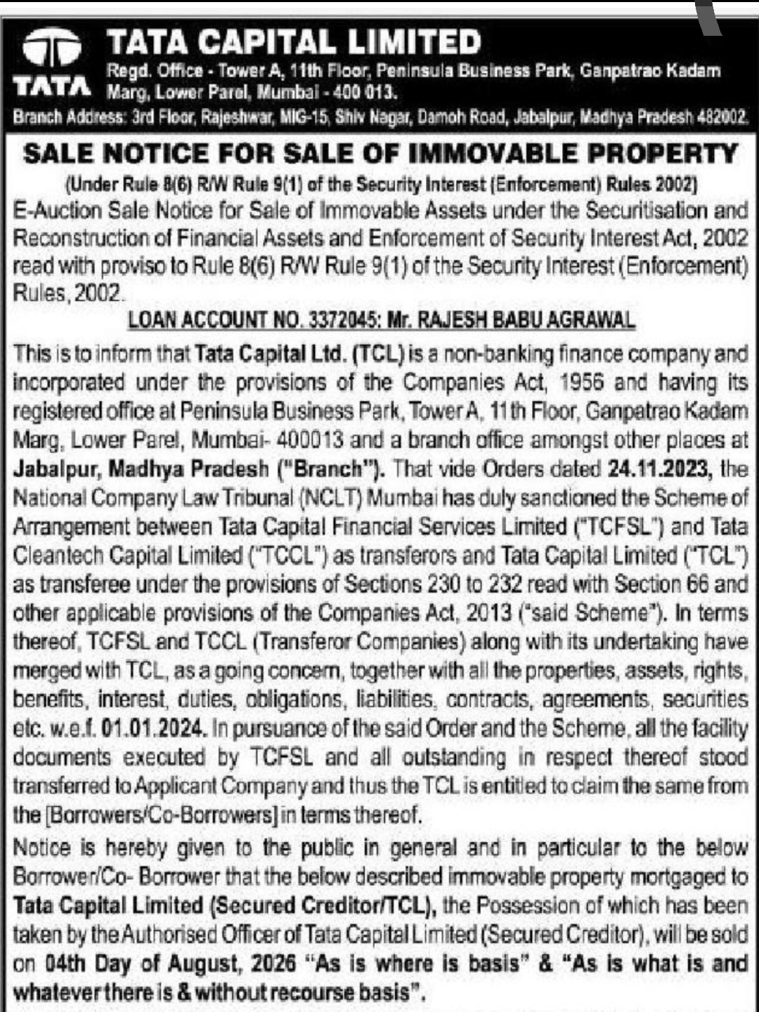 📢 SALE NOTICE – Immovable Property Auction