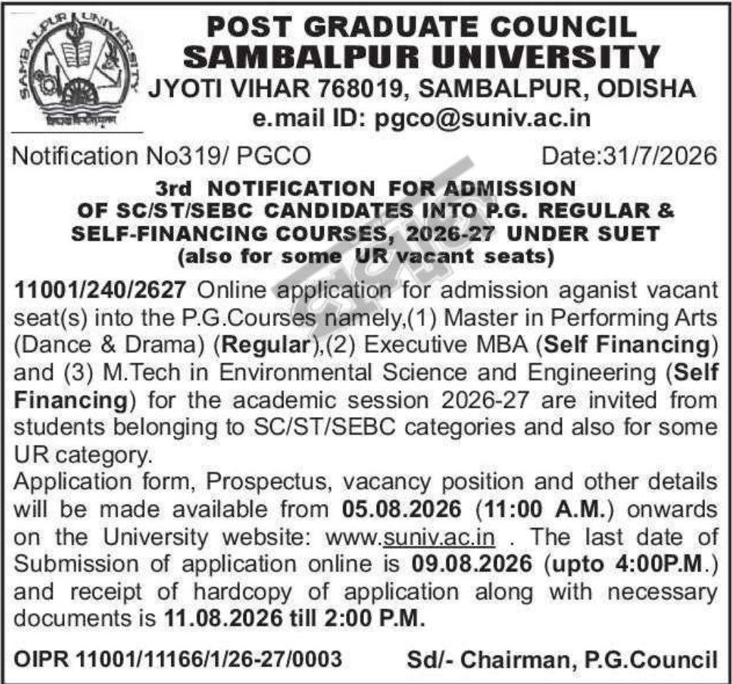 🎓 Sambalpur University PG Admission Notification 2026–27 | 📍Odisha