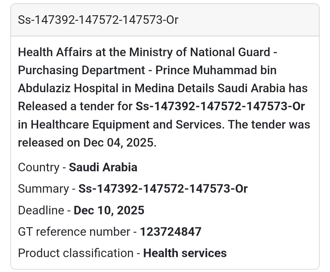 🏥 Saudi Arabia – New Healthcare Tender Released