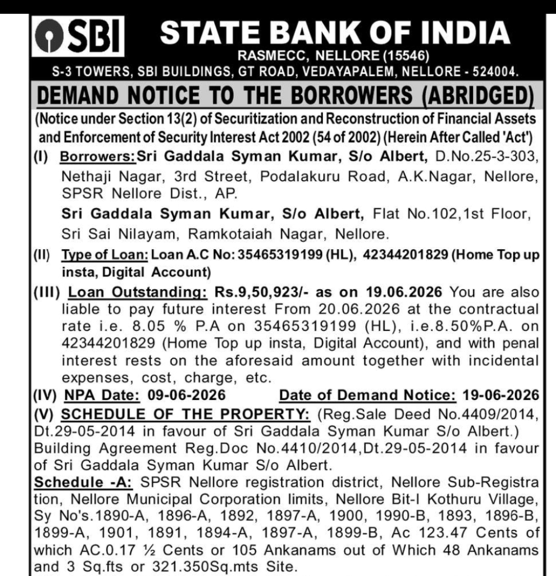📢 SBI Demand Notice to Borrowers (Abridged) | Nellore