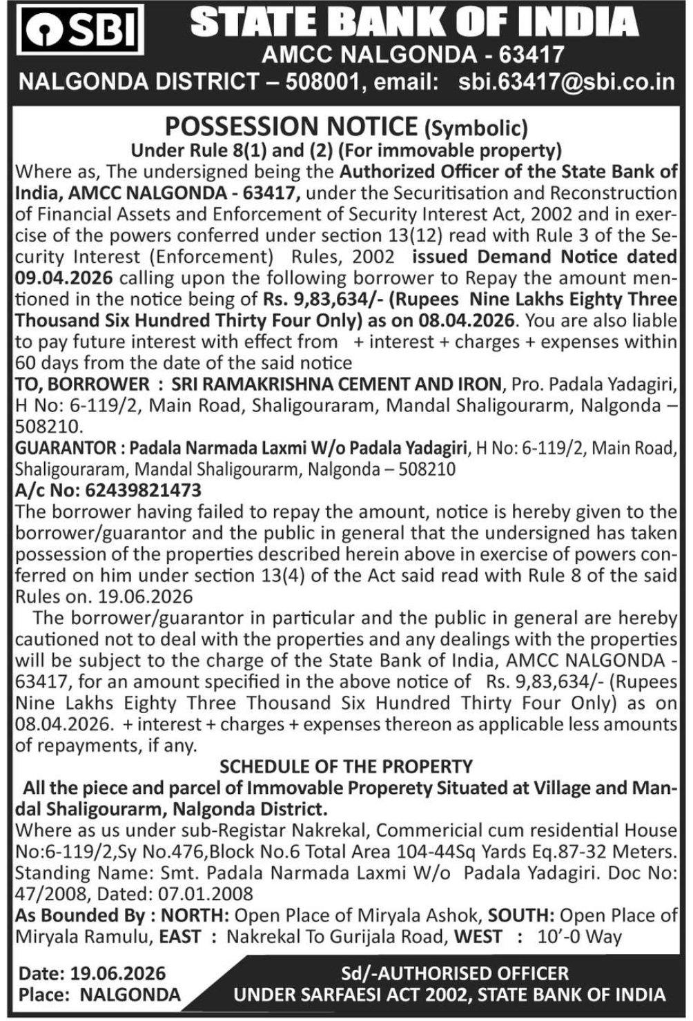 🏦 SBI POSSESSION NOTICE – SARFAESI ACT