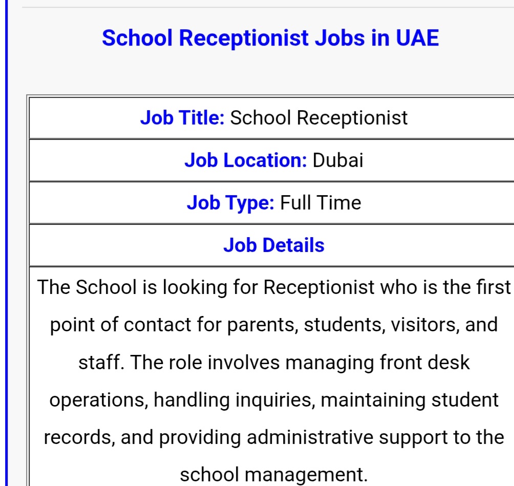 📚✨ School Receptionist Job – Dubai | Full-Time