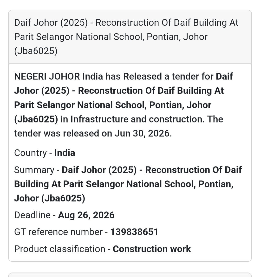 🏫 School Reconstruction Tender – Pontian, Johor, Malaysia