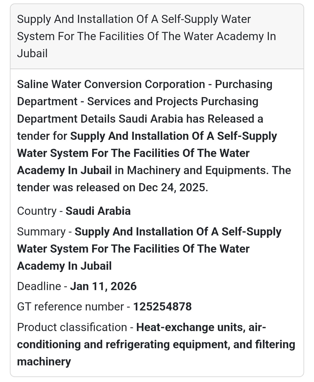 💧 Self-Supply Water System – Jubail 🇸🇦 Tender