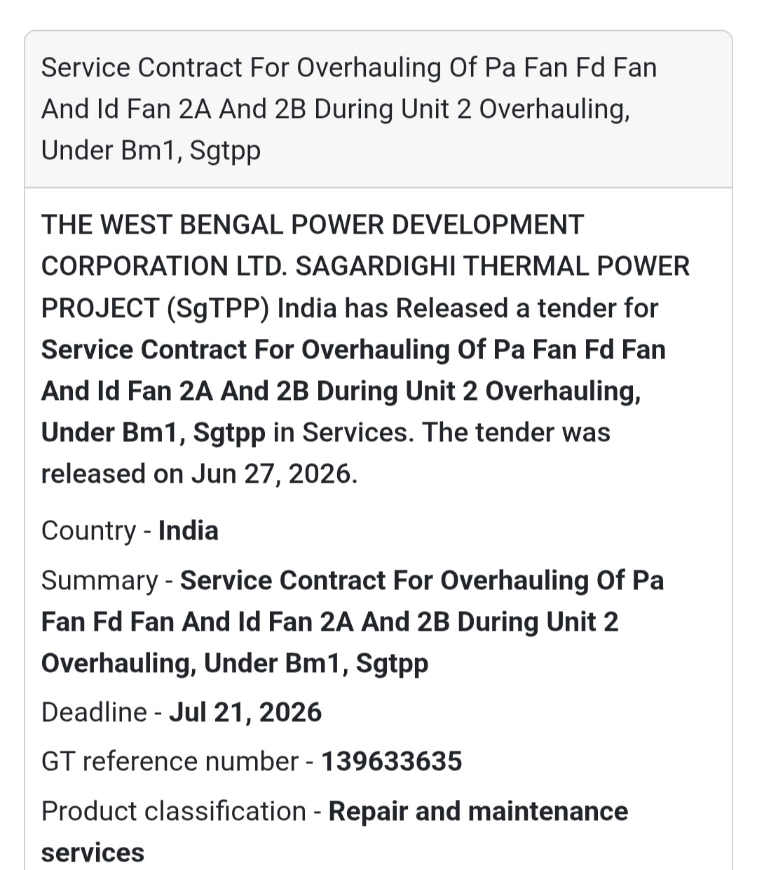 🔧 Service Contract for Overhauling of PA Fan, FD Fan & ID Fan (Unit-2) | 📍Sagardighi Thermal Power Project