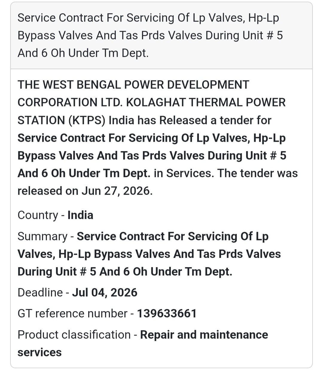 🔧 Service Contract for Servicing of LP Valves, HP-LP Bypass Valves & TAS PRDS Valves | 📍KTPS