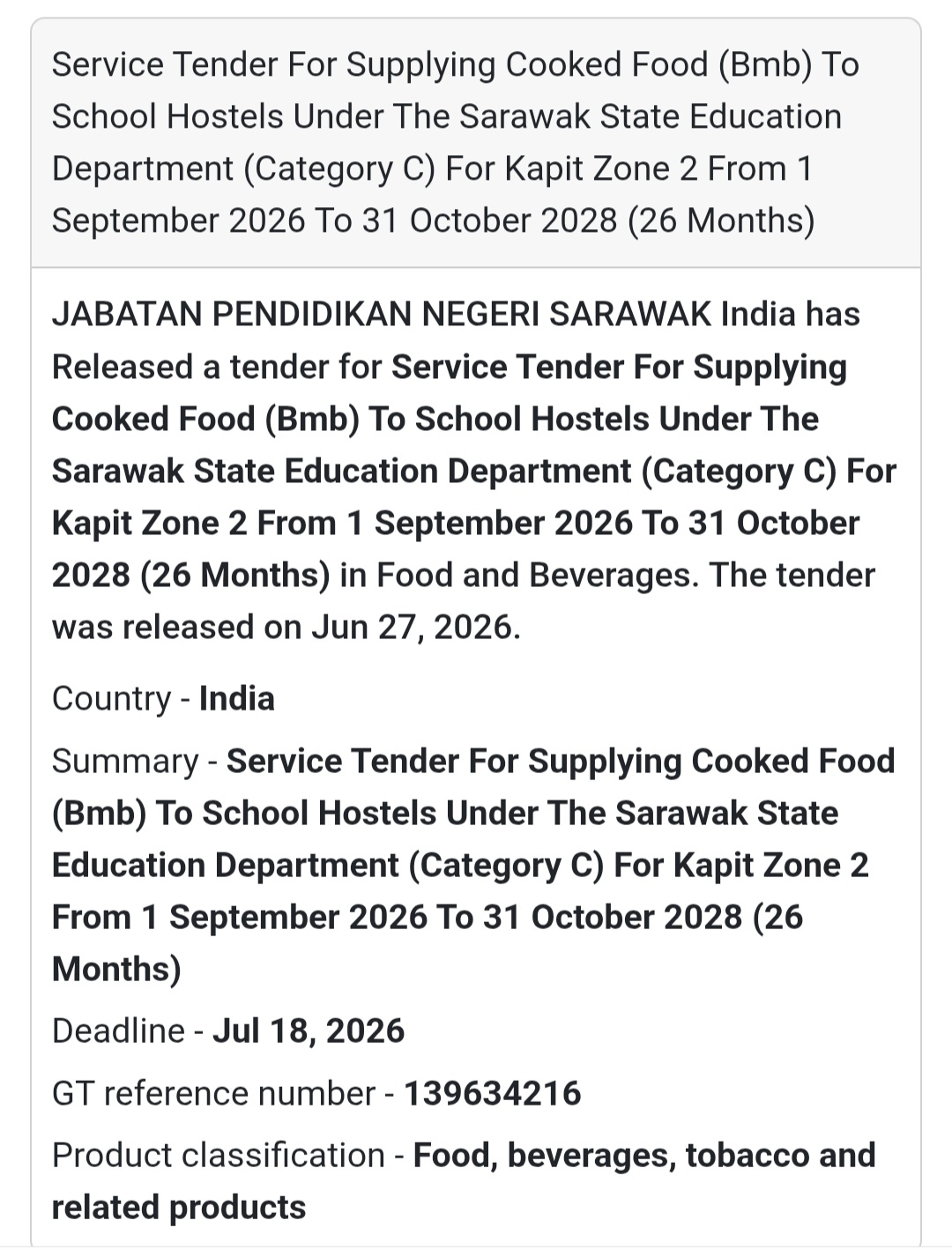 🍽️ Service Tender for Supplying Cooked Food (BMB) – Kapit Zone 2 (26 Months)