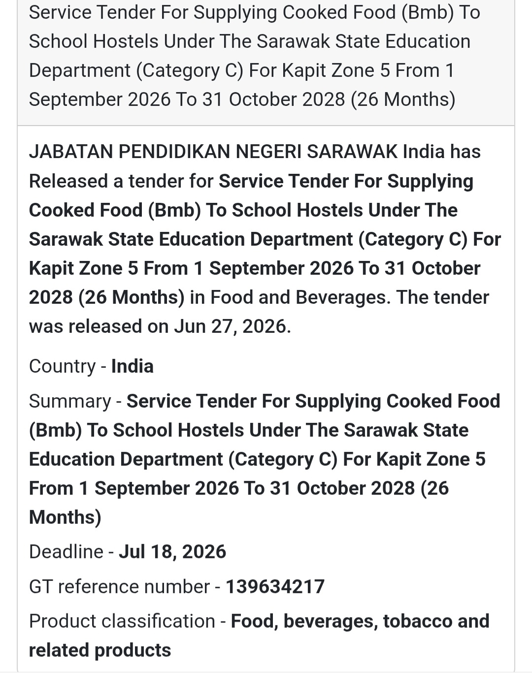 🍽️ Service Tender for Supplying Cooked Food (BMB) – Kapit Zone 5 (26 Months)
