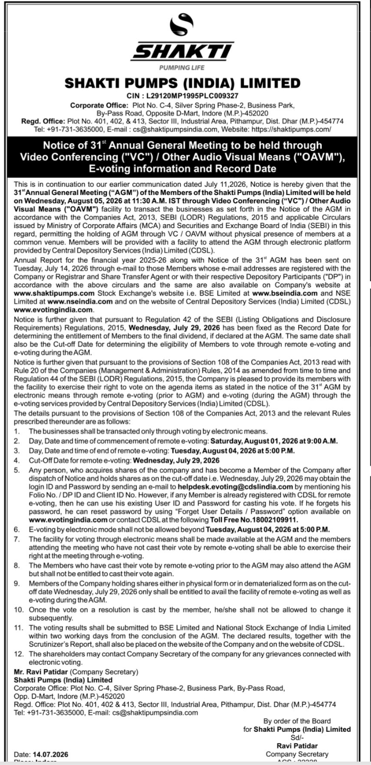 Shakti Pumps (India) Ltd. – AGM Notice