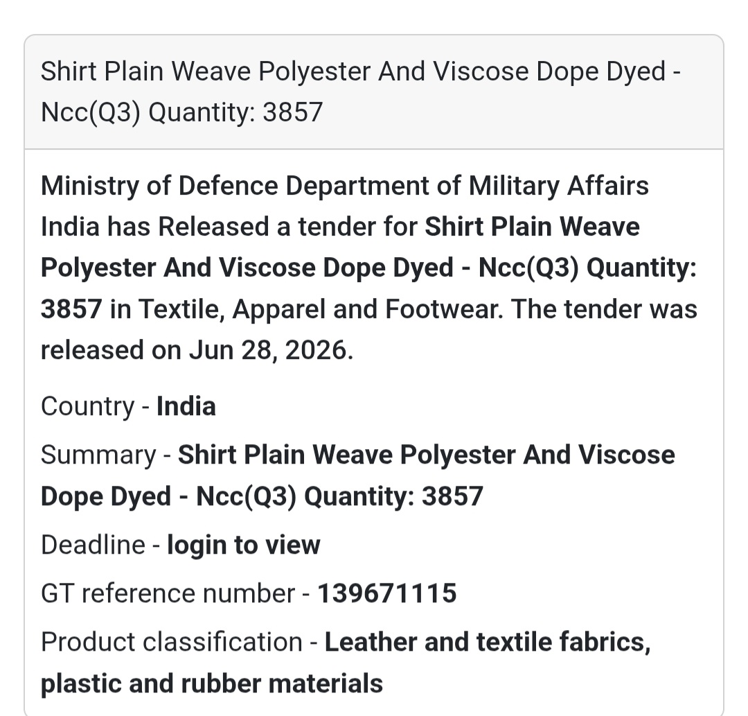 👕 Shirt Plain Weave Polyester & Viscose Dope Dyed – NCC (Q3) | India 🇮🇳
